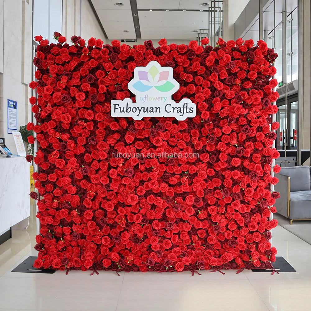F01-3 Wedding Decor 8ft x 8ft Cloth Red Flower Wall Backdrop Panel 3D 5D Roll Up Fabric Zipper Artificial Silk Rose Flower Wall