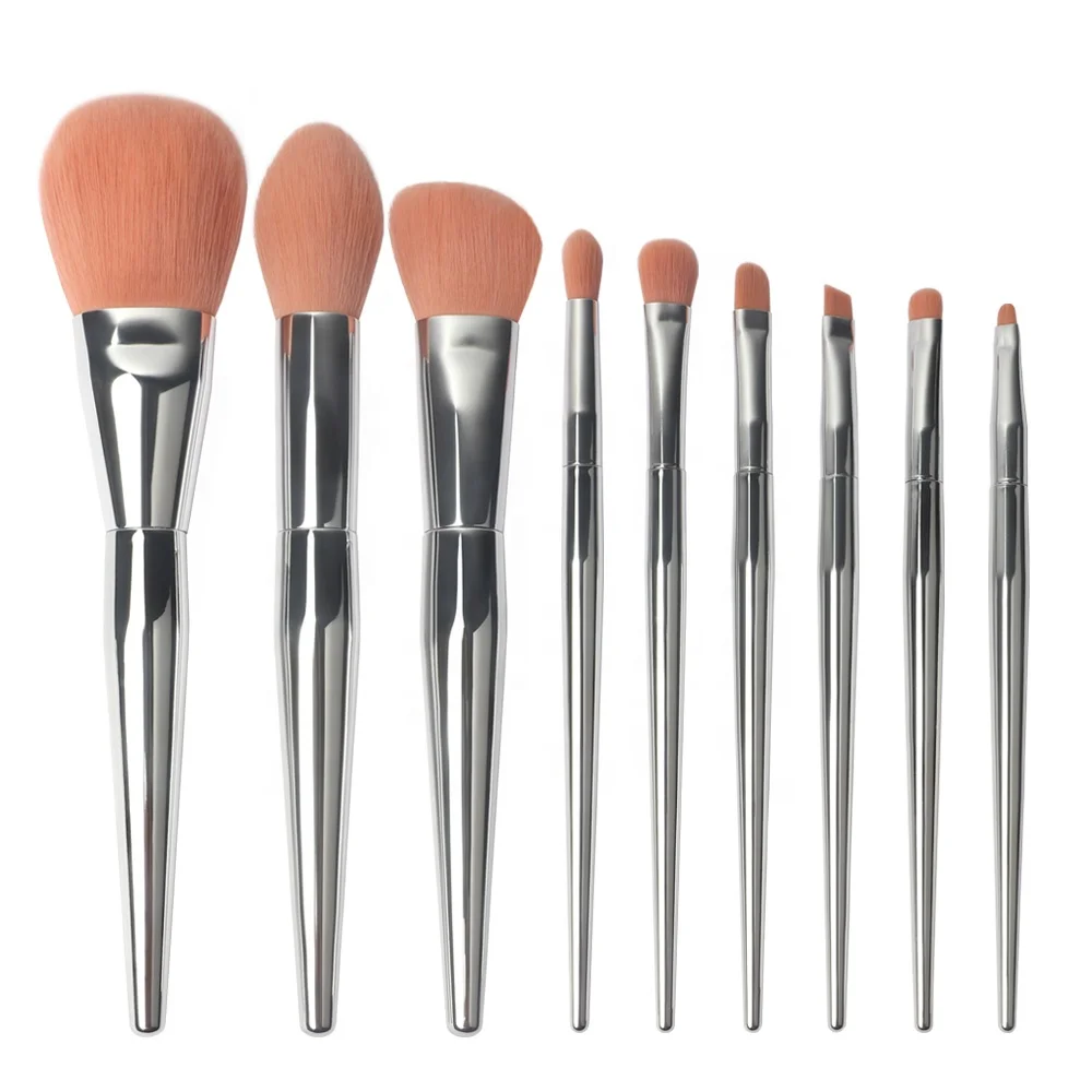 Wholesale Pink Hair 9 pcs Silver Contour Blush Soft Eyeshadow Foundation Face Fluffy Synthetic Vegan Makeup Brushes