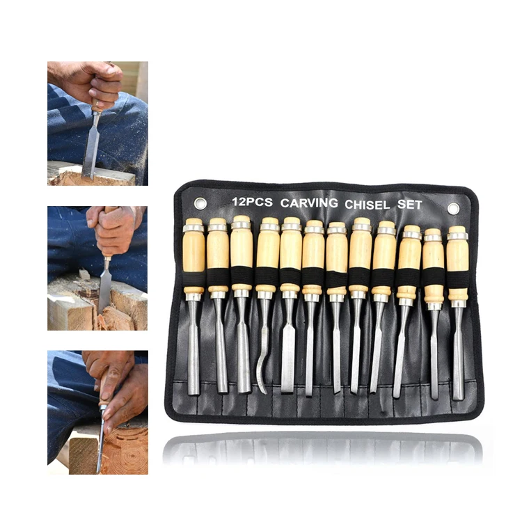 Premium Chrome Manganese Blades for Woodworking, Carving, Soft Grip Handles W Hammer Steel-end  4-Piece Wood Chisel Sets