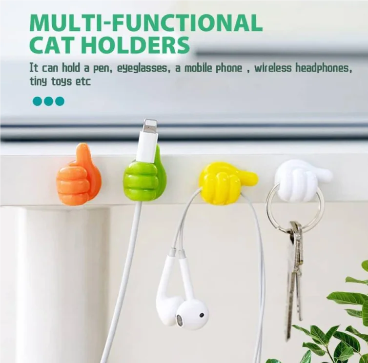 Self Adhesive Wall Decoration Hook Creative Silicone Thumb Key Hanger Hook Home Office Data Cable Clip Wire Desk Organizer