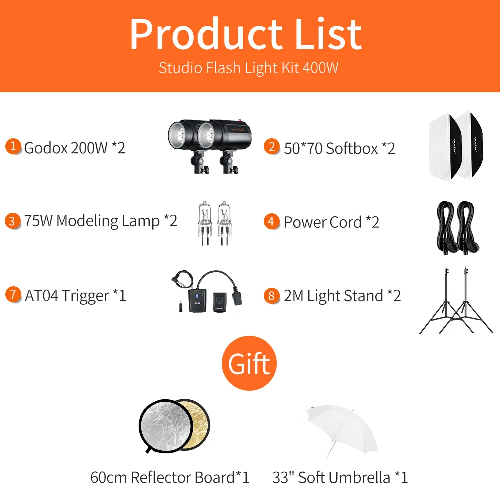 Godox 400Ws Strobe Studio Flash Light Kit 2pcs 200Ws Photographic Lighting - Strobes + Light Stands + Triggers + Soft Box