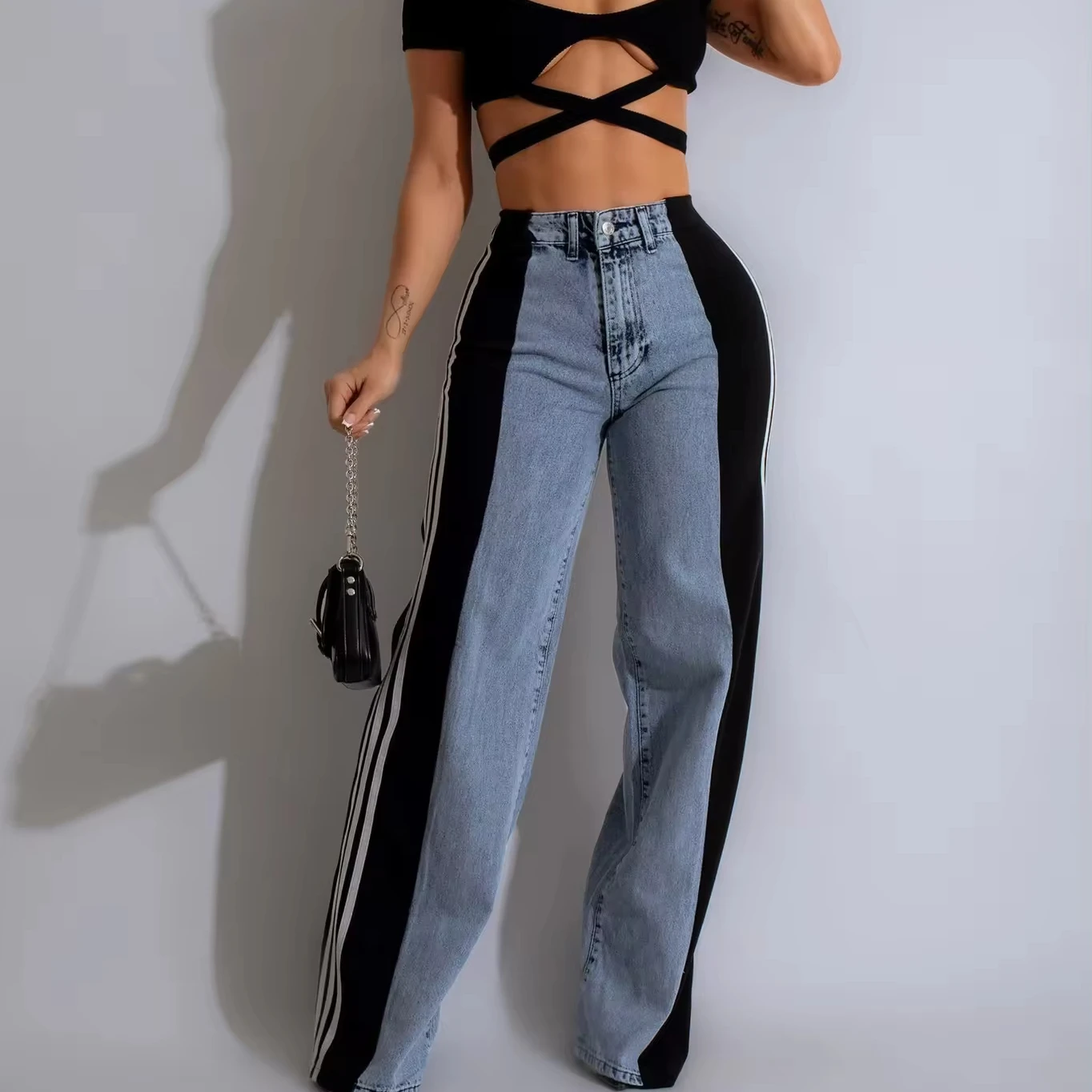 Fashion casual high stretch high waist patchwork denim jeans wide leg pants straight leg denim pants