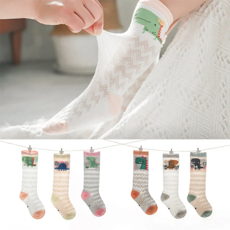 Summer Mesh Breathable Cute Litter Dinosaur Knit Knee High Baby Cotton Lace Socks
