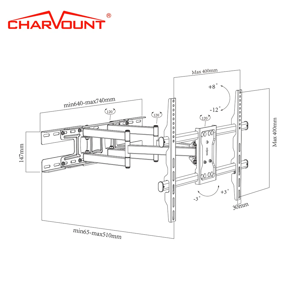 CHARMOUNT Hot Sale Max VESA 400*400mm Tilting Bracket Full Motion TV Wall Mount