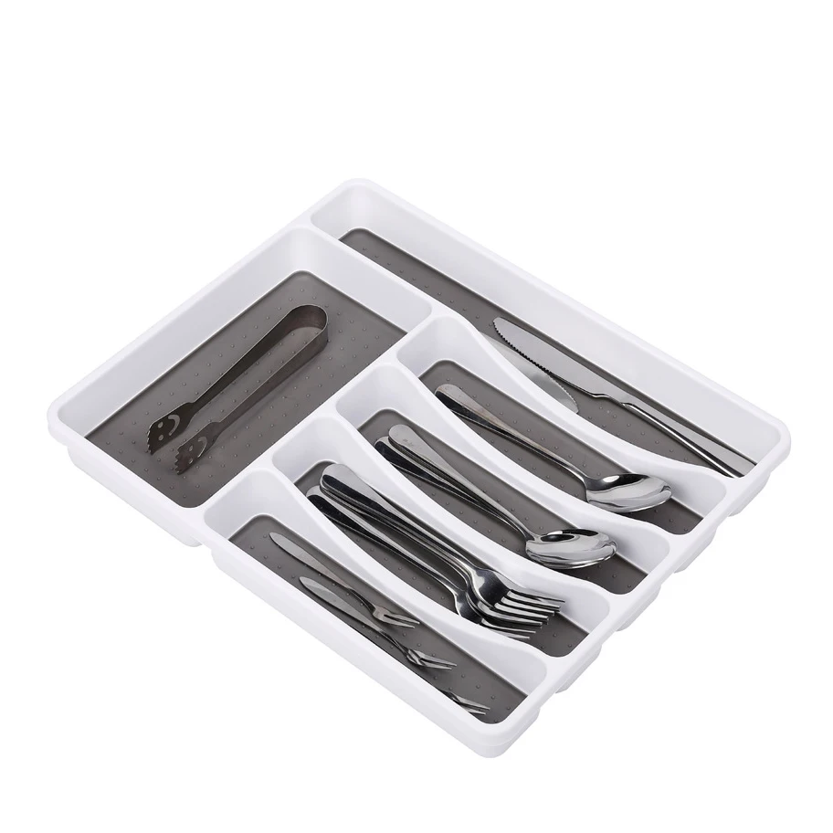BPA Free 6 Compartments Kitchen Drawer Store Non-slip Classic Silverware Cutlery Tray Tableware Organizer with Soft Grip Lining