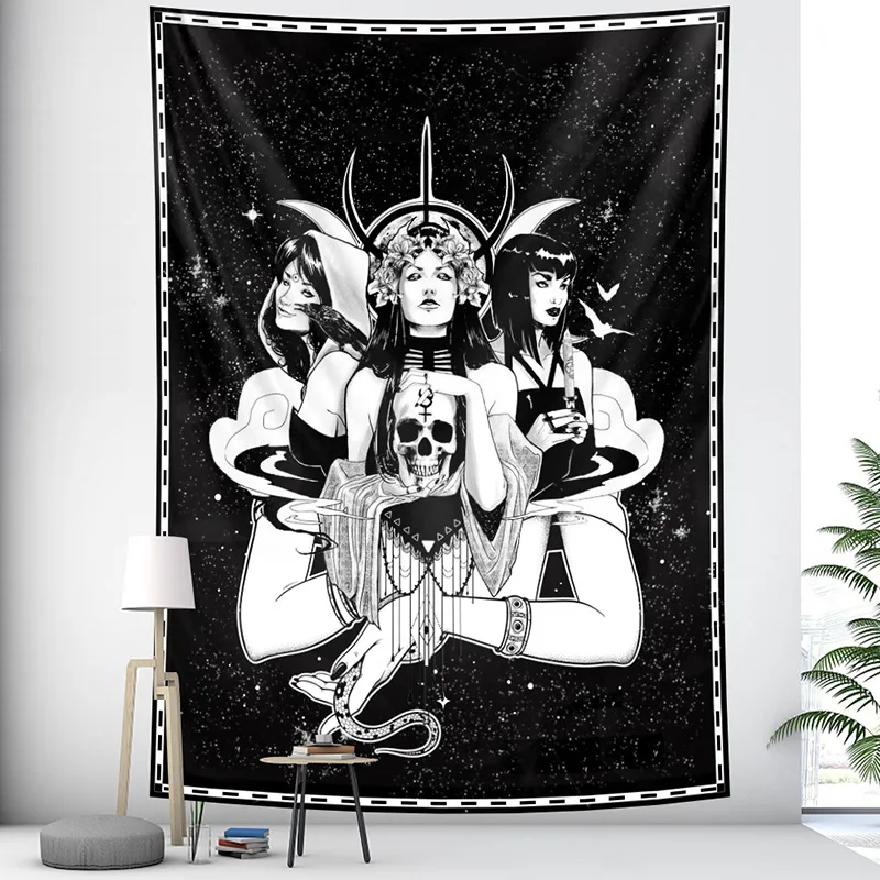 60X80n Inches Black And White Pray With Moon Star Gothic Witch Blessed And Snake Stone Tapestry Wall Hanging