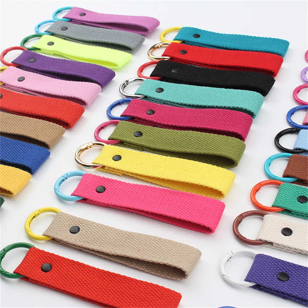 Korea Customized Cloth Keychain Canvas Kids Name Tag Keyring Leather Key Chain with Webbing