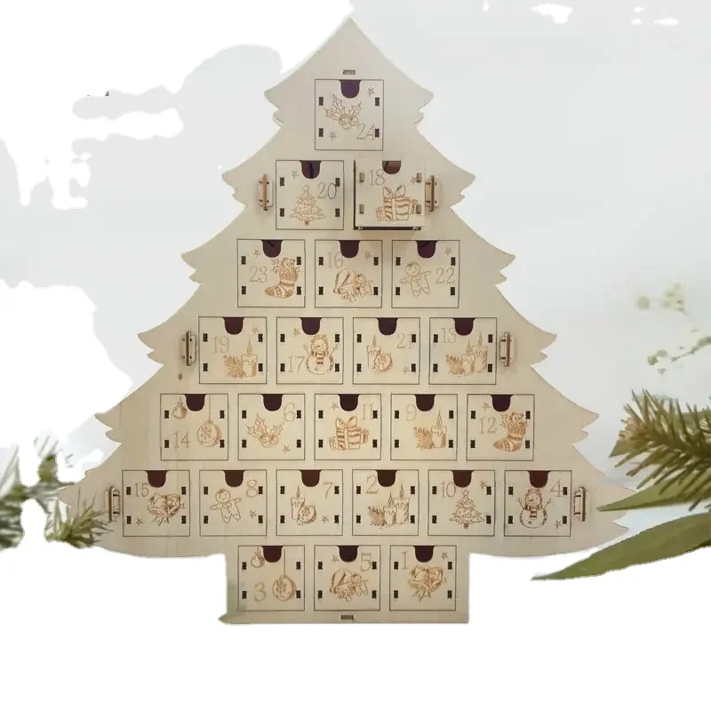 LED Wooden House Christmas Decor 24 Countdown Christmas Calendar Drawer Rotating Music Hanging Home Use Box Packed