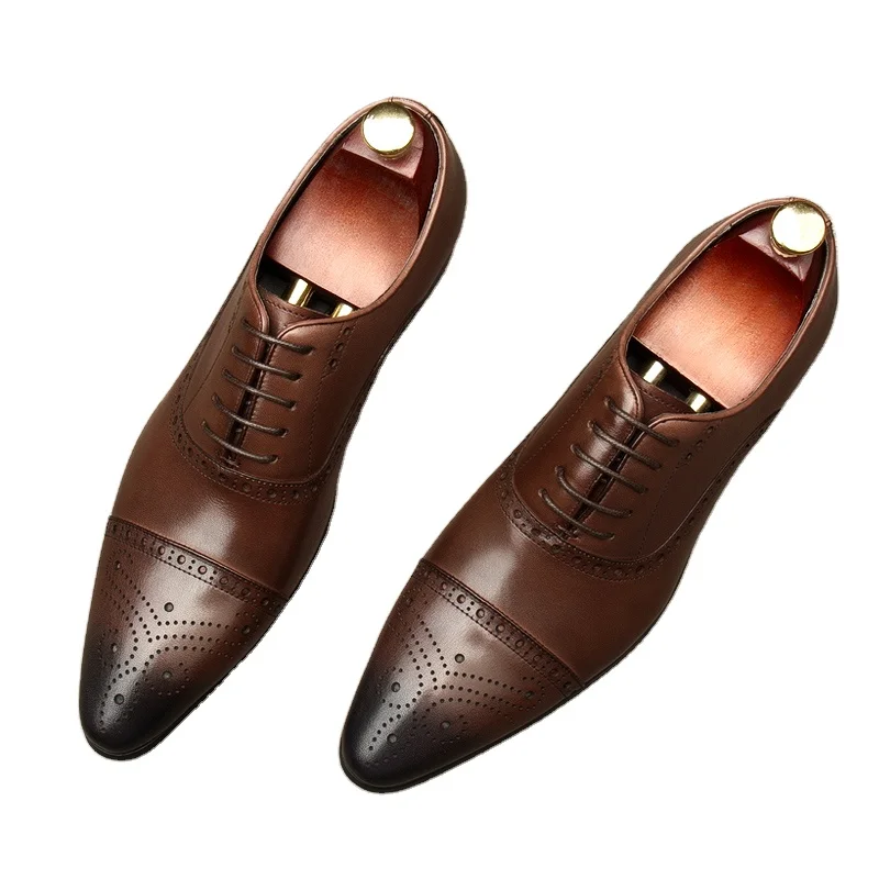 
Мужские кожаные туфли в британском стиле, на шнуровке, с острым носком, в европейском стиле, Высококачественная свадебная обувь, с резьбой, Brock 