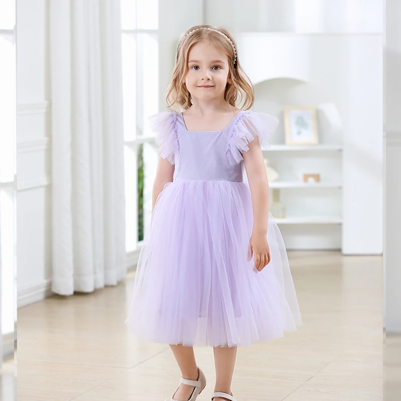 Платье для девочек 2024 летнее Новое тонкое с открытой спиной фиолетовое платье с квадратным вырезом и открытой спиной с бантом для маленьких девочек пышные сетчатые платья-пачки