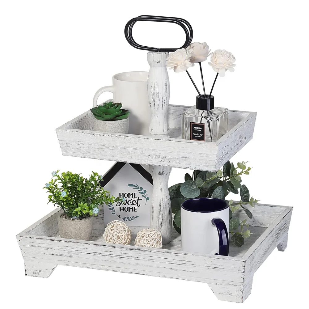 Farmhouse Wood Tiered Tray Stand Rustic Tiered Tray Decor 2 Tiered Decorative Rectangular Wooden Serving Tray with metal Handle