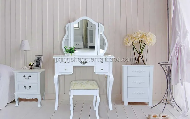 White Dressing Table Tri-fold Mirrored Makeup Vanities for Girls