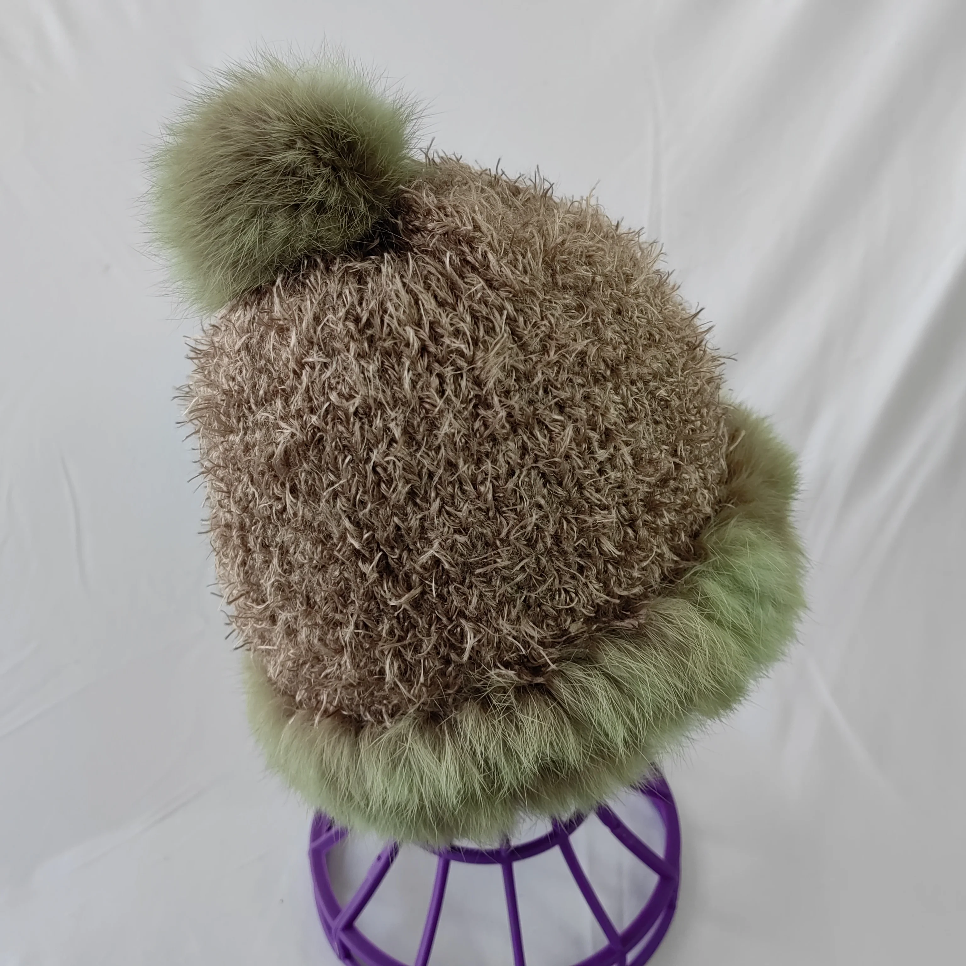 Ladies winter adult acrylic Neutral thick color knitted hat fur hat with pompom