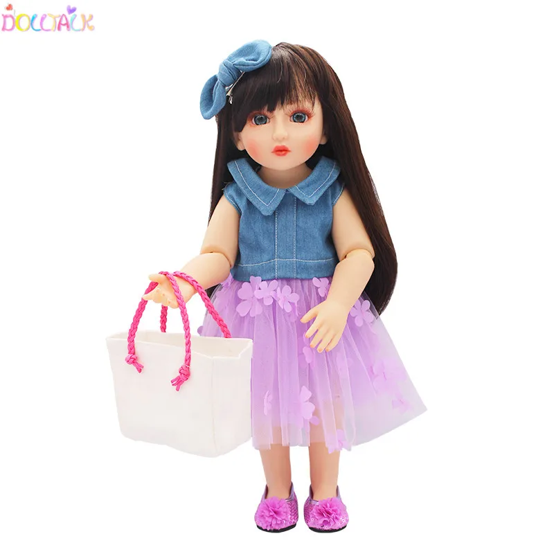 Dolltalk Brand Hot 18-inch American Doll Denim Jacket Stitching Skirt With Bow Headdress, Shoes, Bag Suit Doll Clothes