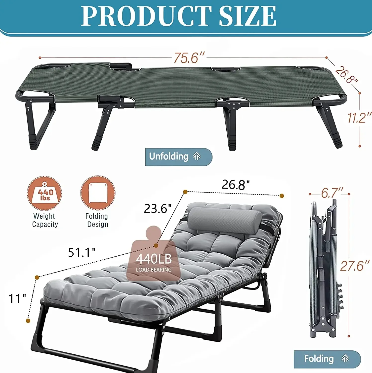 DrunkenXp Folding Bed Camp Cot Portable Travel Single Folding Bed Sofabed Folding Sofa Bed