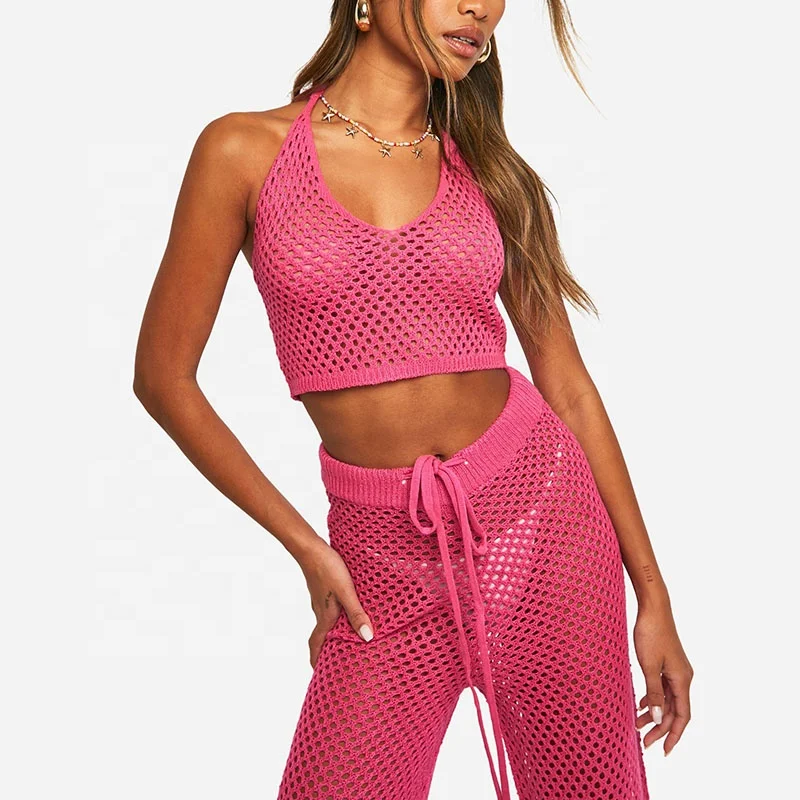 Custom co ord set women two piece set women clothing Crochet Bralette And Wide Leg Pants Knitted Set