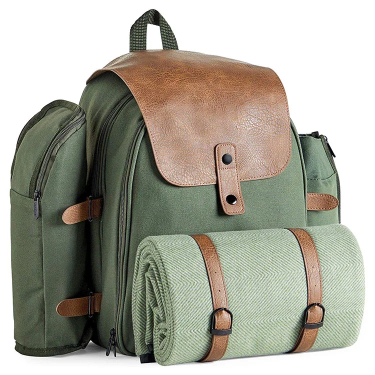 
Insulated Cooler Compartment Set with Stainless Steel Cutlery Blanket Removable Bottle Holder picnic Backpack for 4 