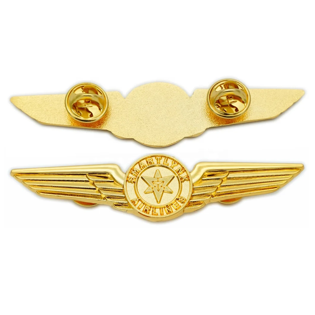 High Quality Wholesale Oem and Odm unique silver badge personalized vintage brass stamping 3D metal wings pin