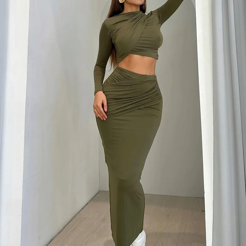 Sml Solid Round Neck Irregular Long Sleeved Open Navel Top Casual Half Skirt 2-Piece Set Fashion Set