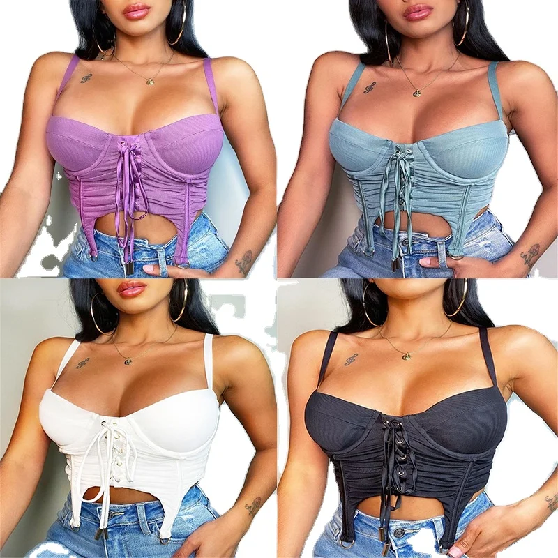 
Summer Clothings 2021 Sleeveless Tank Tops Backless Fashion Hollow out Party Club Sexy Lace Tie Up Camis Crop Top Women  (1600227840462)