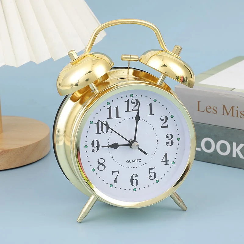 Twin Bell Desk Clock Table Watch Warm Color Night Light Bell Alarm Clocks Desktop Bedside Office Lunch Break Bedroom Decor