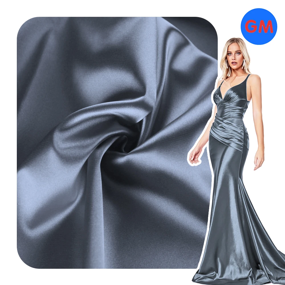 Custom Printed Blue Leaf Design Silk-like Silky Satin 97% Polyester 3%spandex Elastane Fabric for Casual Dresses