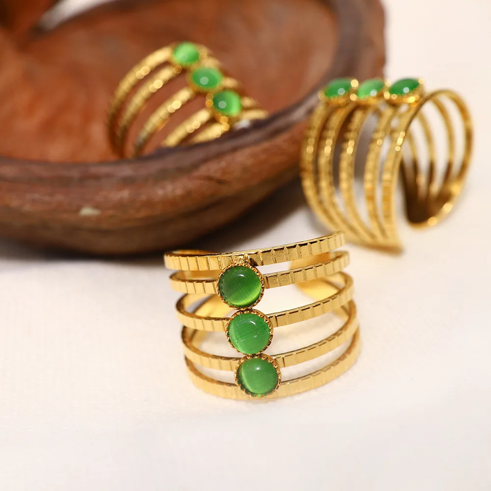 High Quality Design Stainless Steel Jade Layered Ring Gold Plating Double Layered Gemstone Opening Ring