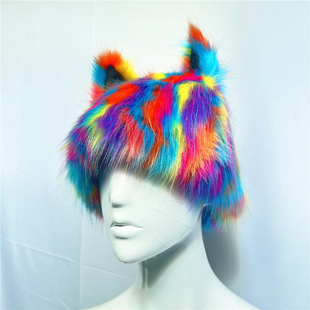 Women Men Color Blocking Cat Ears Faux Fur Bucket Hat Fuzzy Plush Warm Soft Animal Shape Colored Fox Fur Winter Hat