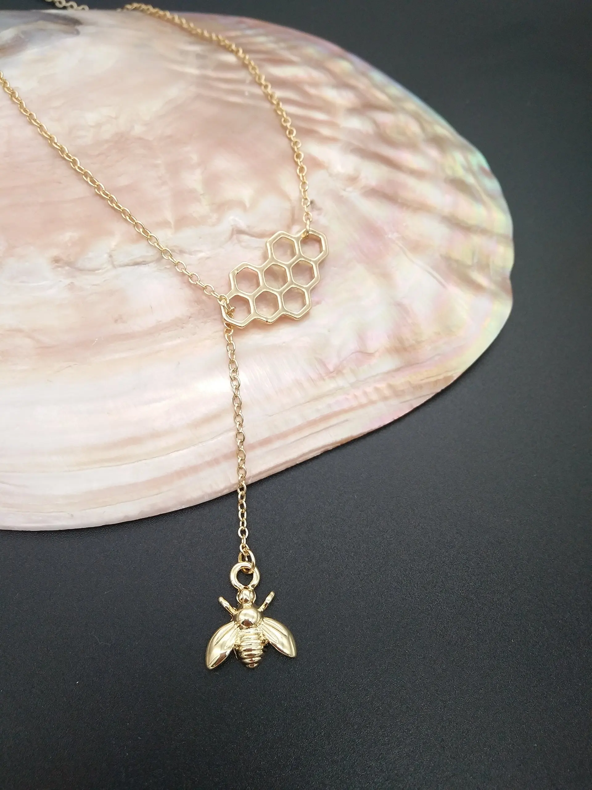Geometric Bee Hive with Tiny Honey Bee Lariat Y Necklace