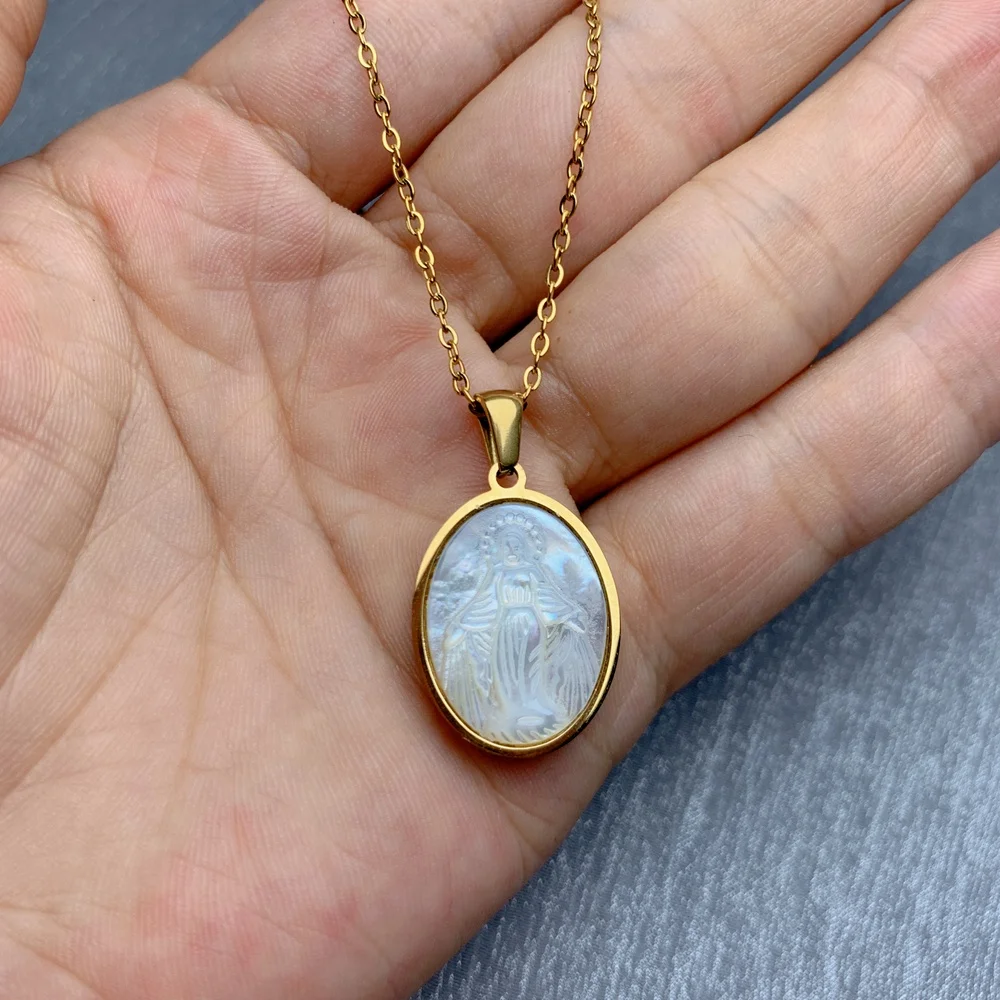 Оптовая продажа ожерелье из нержавеющей стали подвеска в виде швабры морской раковины религиозных иисусов Богородицы Девы Марии Священного Сердца для женщин