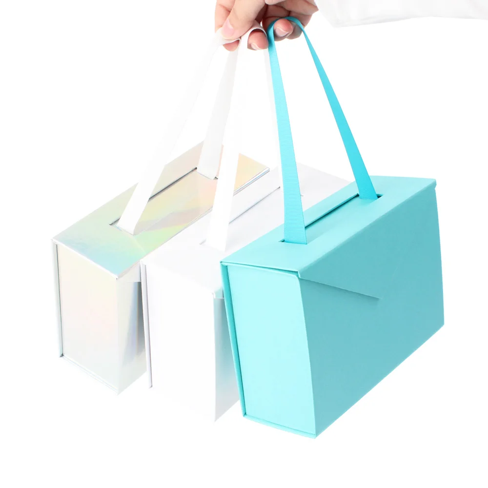 RTS ribbon handle pink rigid paper cardboard packaging magnetic folding  paper mothers day wedding magnetic luxury gift box