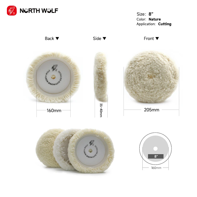 North Wolf Professional Single Sided Lambs 8 inch Wool Buffing Pads Genuine Car Detailing Wool Polishing Pad