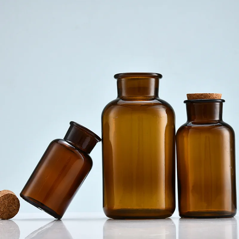 60ml 100ml Round Amber Wide Mouth Apothecary Jars Reagent Glass Bottle with Cork Lid
