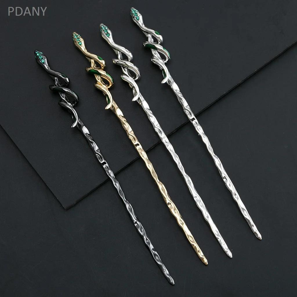 PDANY fashion snake hair chopstick stick metal pin with green rhinestone