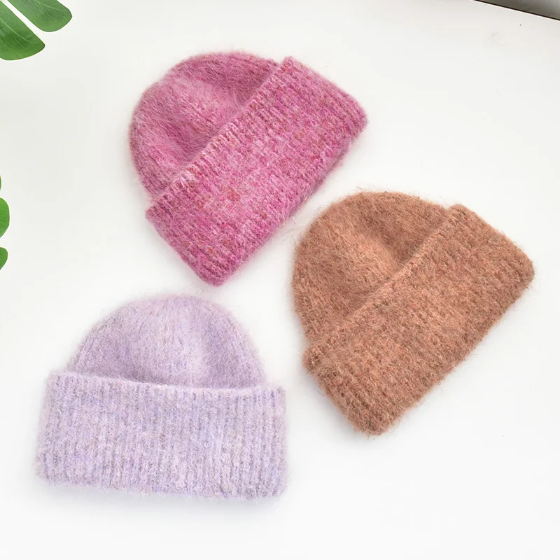 Winter Thick Knitted Angora Wool Beanie for Women Girls Colored Yarn Knit Warm Cuff Hats Custom Logo Fashion Ski Caps