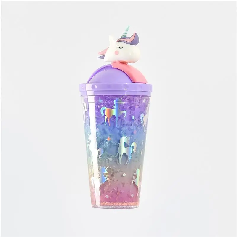 Lovely Unicorn Plastic Double Wall Water Bottle For Ladies And Children Water Leaking Proof Colorful Bottle With Straw
