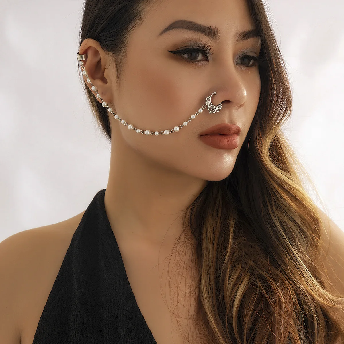 Indian Nose Rings Hoop With Chain Faux Pearl Nose Pin Crystal Wedding Bridal Non Piercing Jewellery, Multi Color /