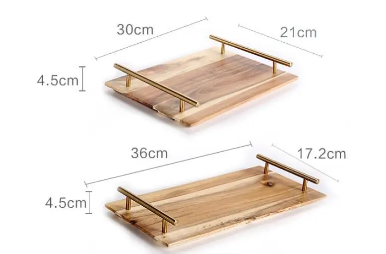 Fancy Rectangular Dinner Plate Party Wedding Fruit Snack Dessert Sushi Tray Acacia Wood Serving Tray With Metal Handle