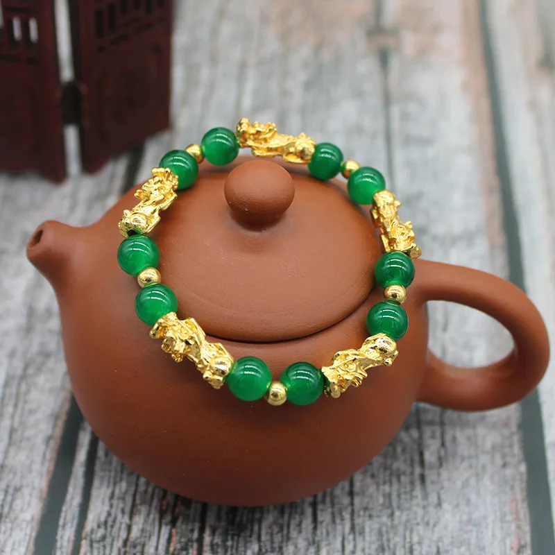 8MM Classic Elastic Gold Plated Pixiu Black Obsidian Shungite Bracelet Colorful Glass Beads Pixiu Lucky Bracelet