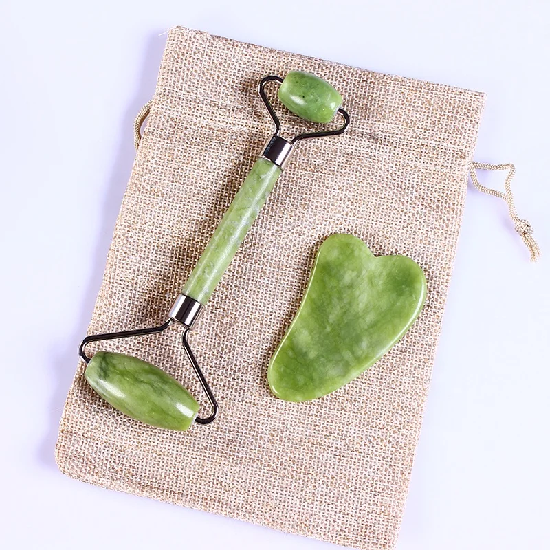 
Green natural jade roller zinc gold bracket metal color jade massage roller Slimming gua sha set for face 