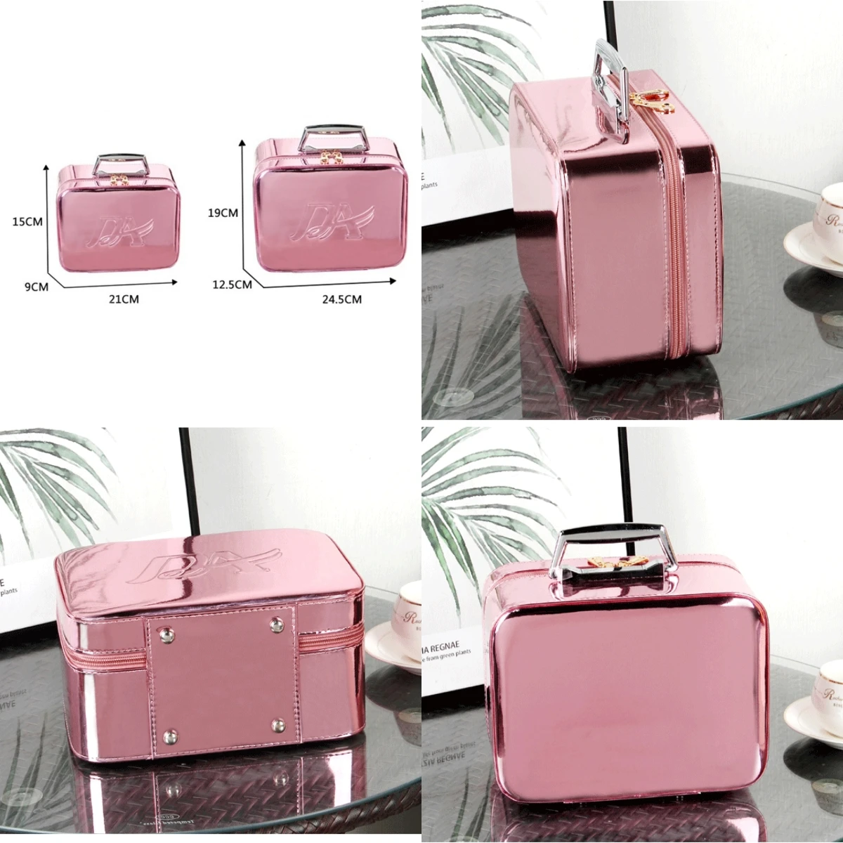 Portable Girls Pink Makeup Case PU Leather Waterproof Makeup Organizer With Mirror Light Weight Beauty Makeup Box