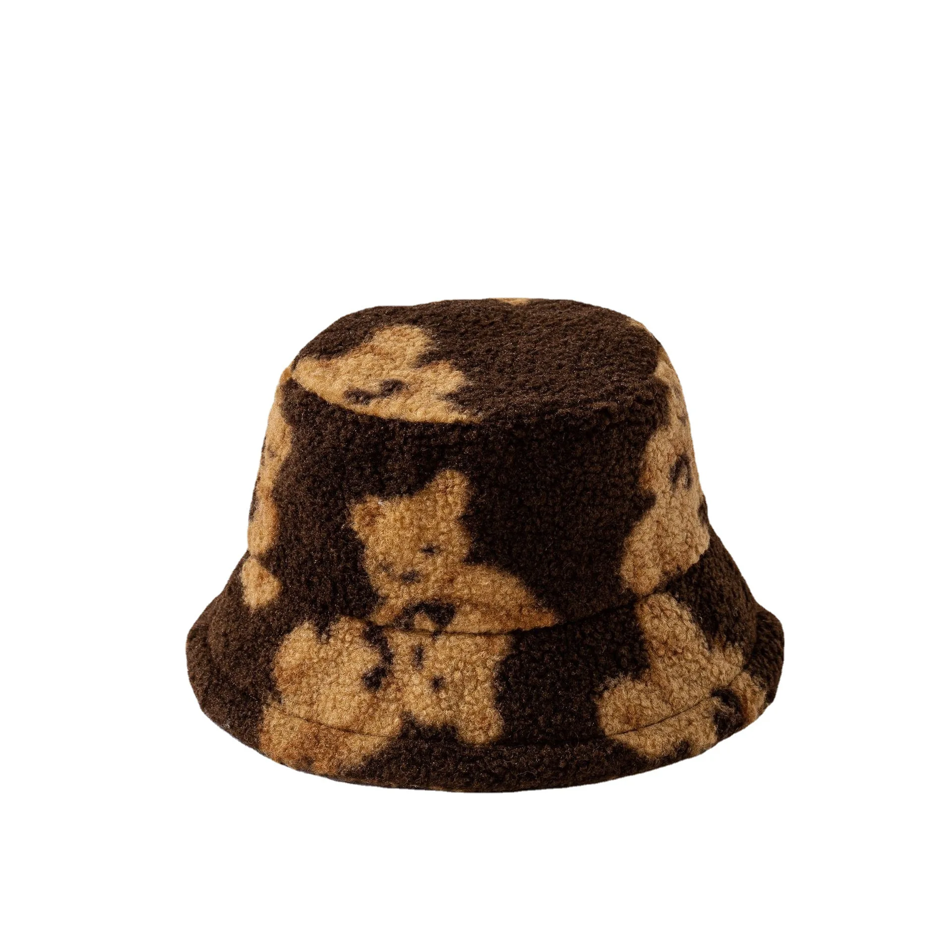 Wholesale Lamb Wool Furry Printing Pattern Fur Bucket Cap Custom Fur Bucket Hat