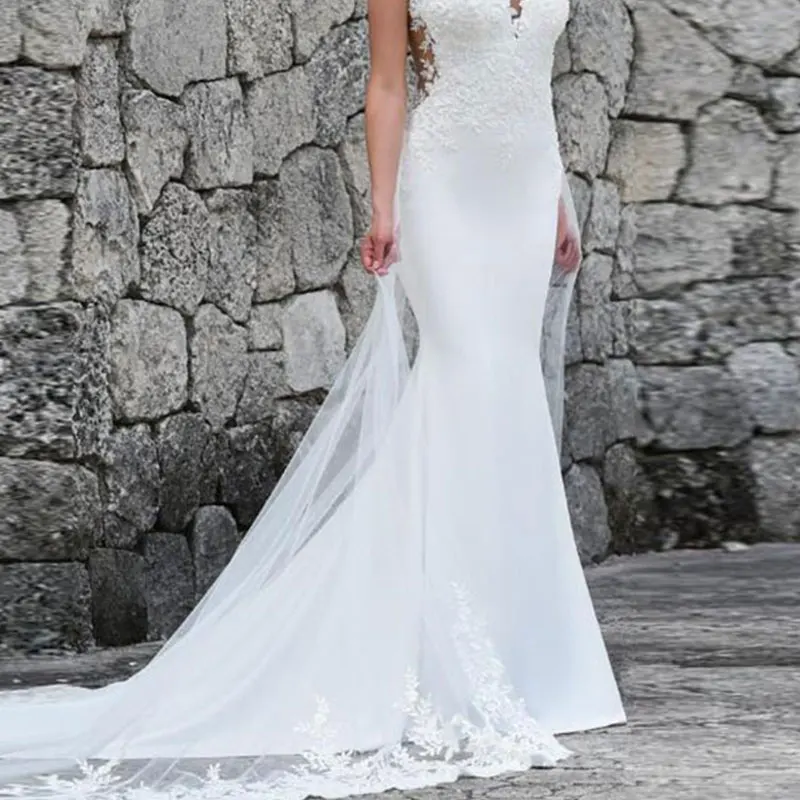 Mermaid Wedding Dress Sexy See Through Back Lace Appliques Wedding 3d Flower Gowns For Bride With Train Robe De Mariage Vestidos