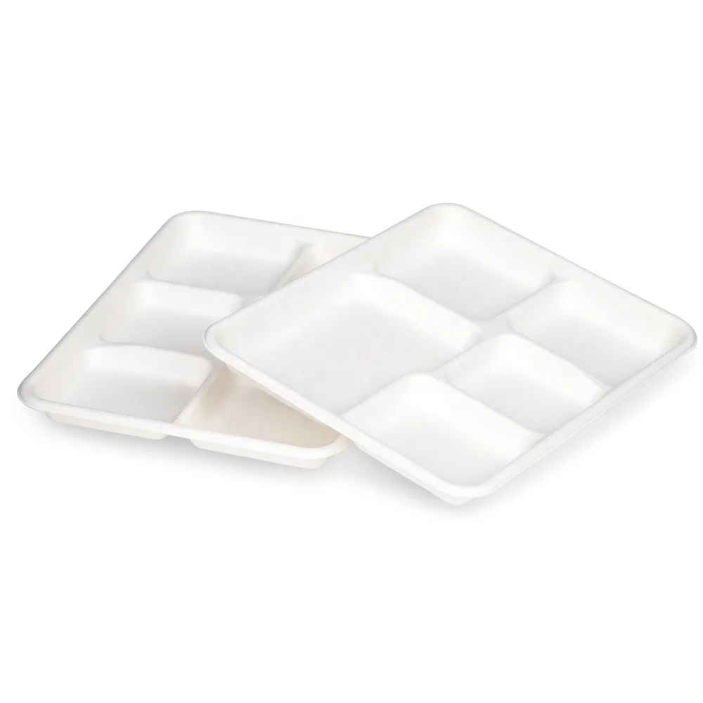 Wholesale Biodegradable Sugarcane Pulp White Rectangular Food Paper Tray Compartment Disposable Food Tray Tray For Food