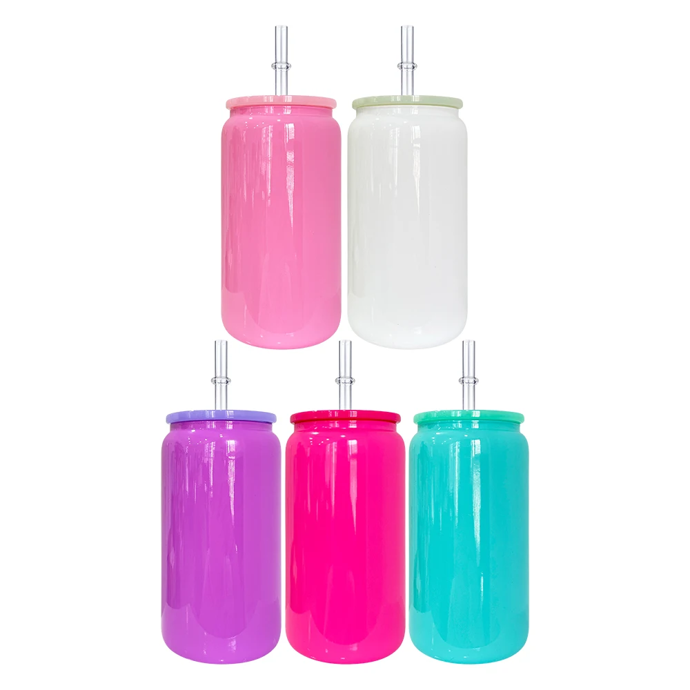 USA warehouse colored glass can for UV DTF wraps glossy can cold coffee beer 16oz colorful glass can with pp lids for vinyl