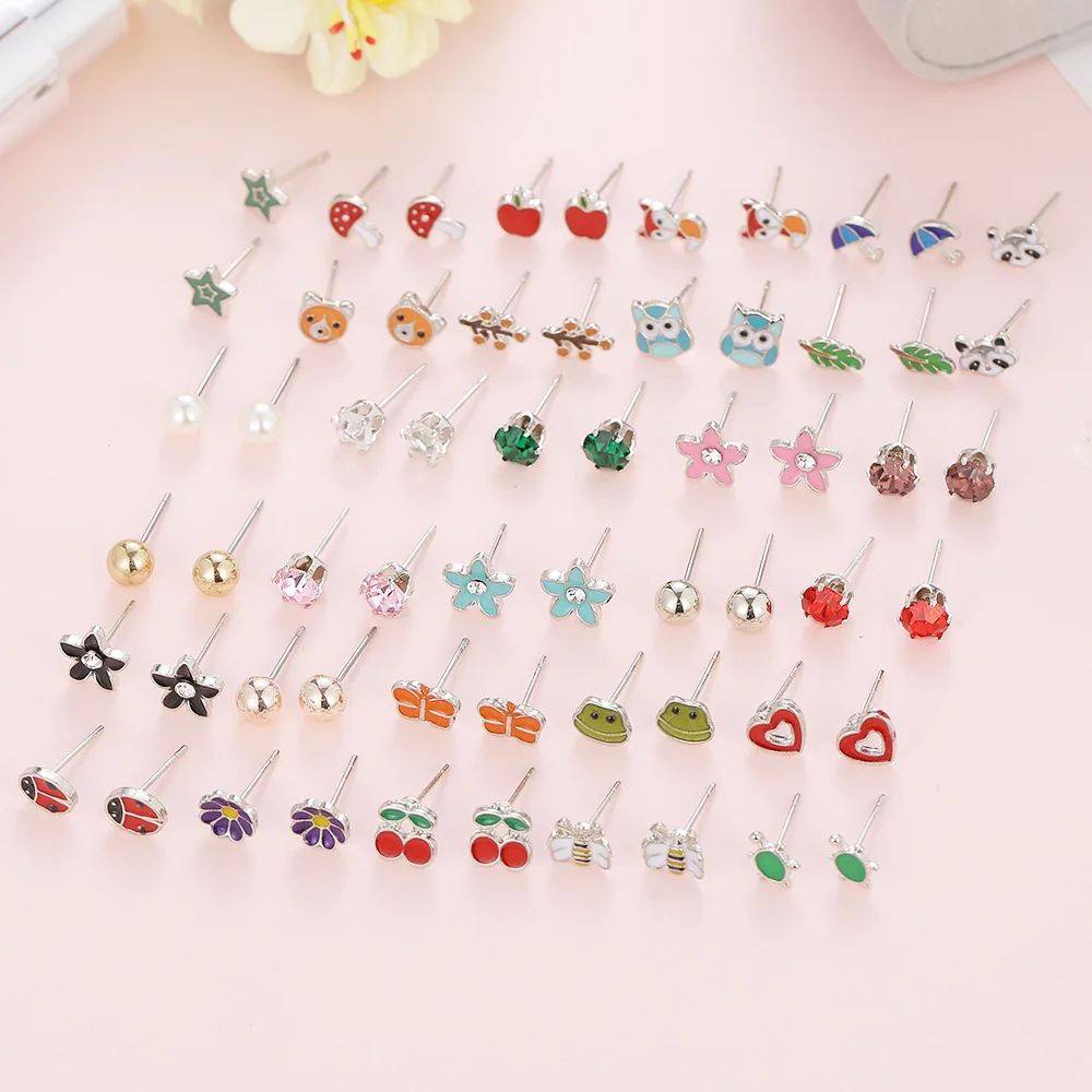 30 Pairs Mixed Colors Cute Enamel Daisy Mushroom Frog Fox Animal Stud Earrings Kids Jewelry Set