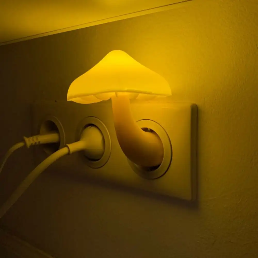 Bedroom Led Night Light Mushroom Wall Socket Lamp Eu Us Plug Warm White Light-control Sensor Bedroom Light Home Decoration