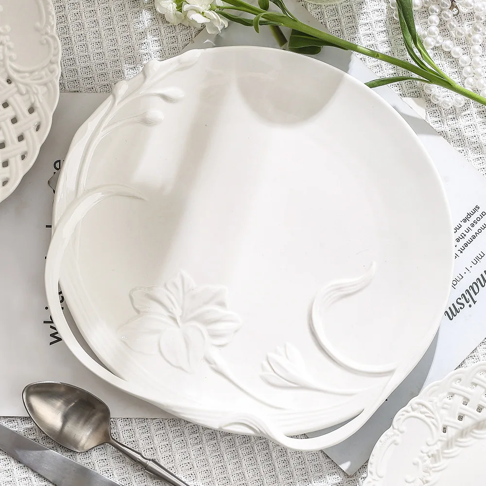 Ceramic retro white steak plate tableware embossed hollow lace plates and dishes
