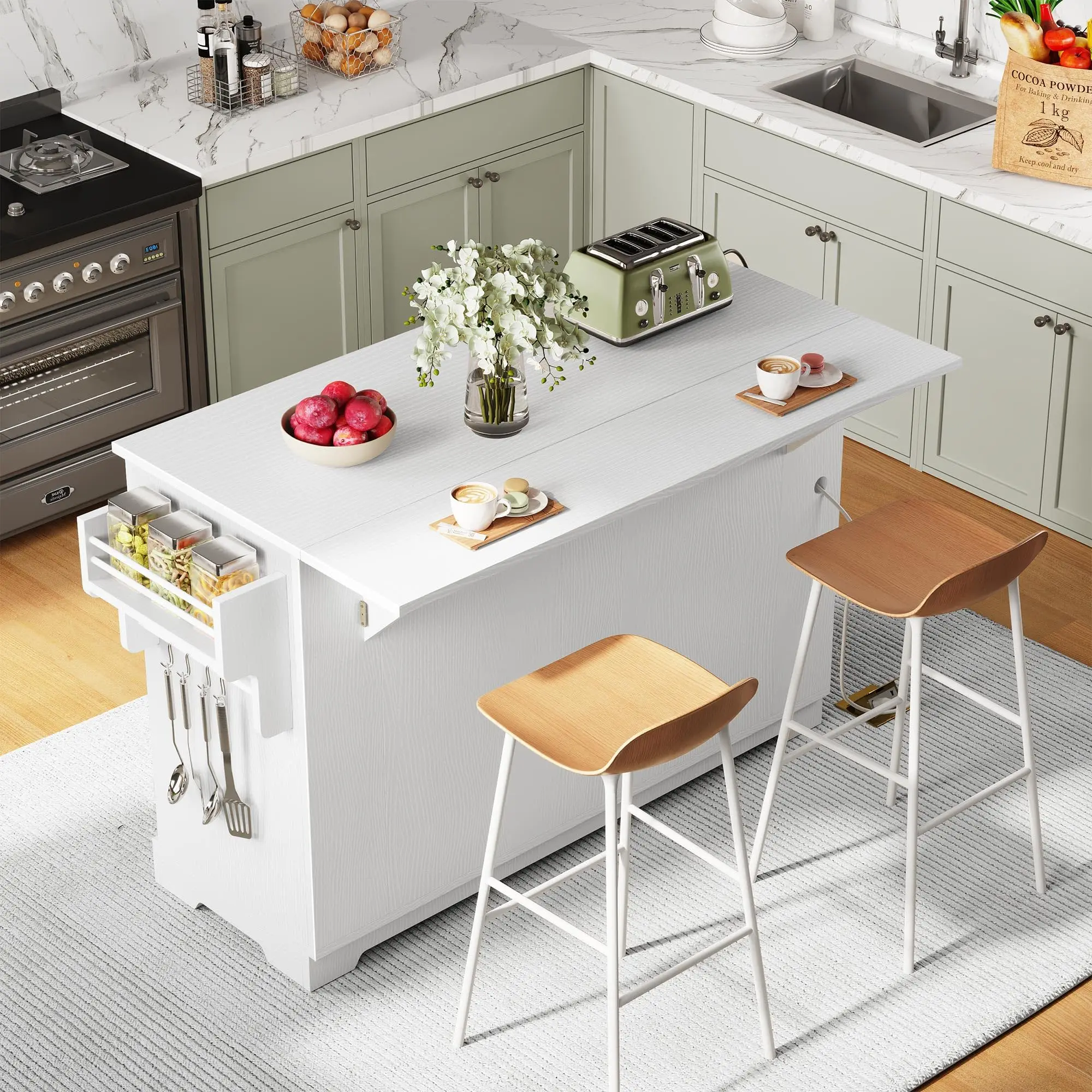 Sunrise Kitchen Island with Drop Leaf, Double Tilt Out Trash Can Kitchen Storage Islands, 59 Inch Large Rolling Portable Islands