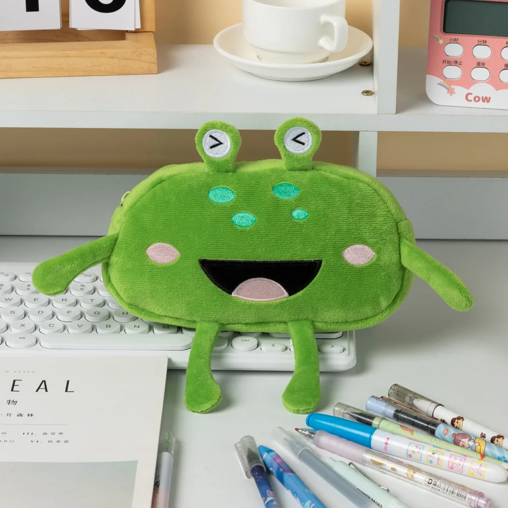 Factory Direct Custom green Frog Plush cosmetic bag large-capacity embroidery  Stationery Pen Bag travel cosmetic storage bag
